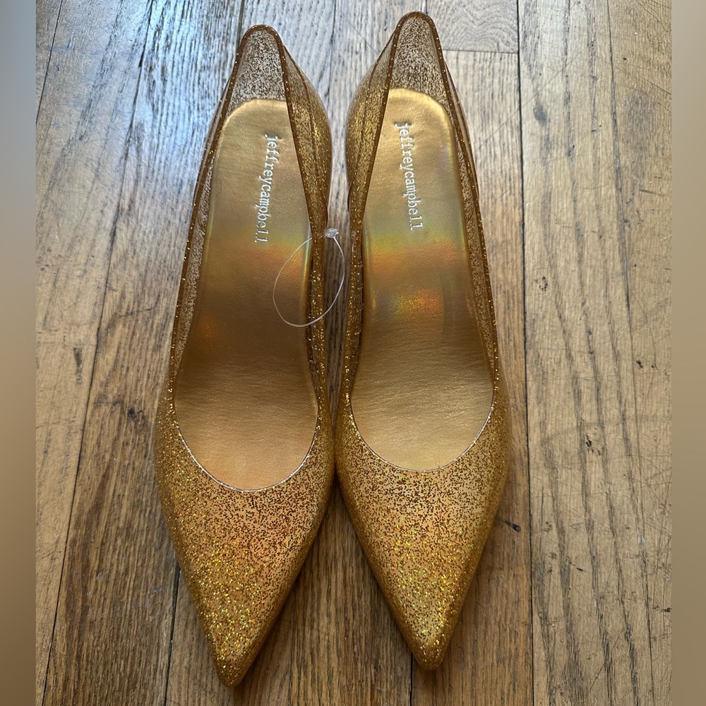 NWOT Jeffrey Campbell Milleni Gold Glitter Kitten Heel Jellies